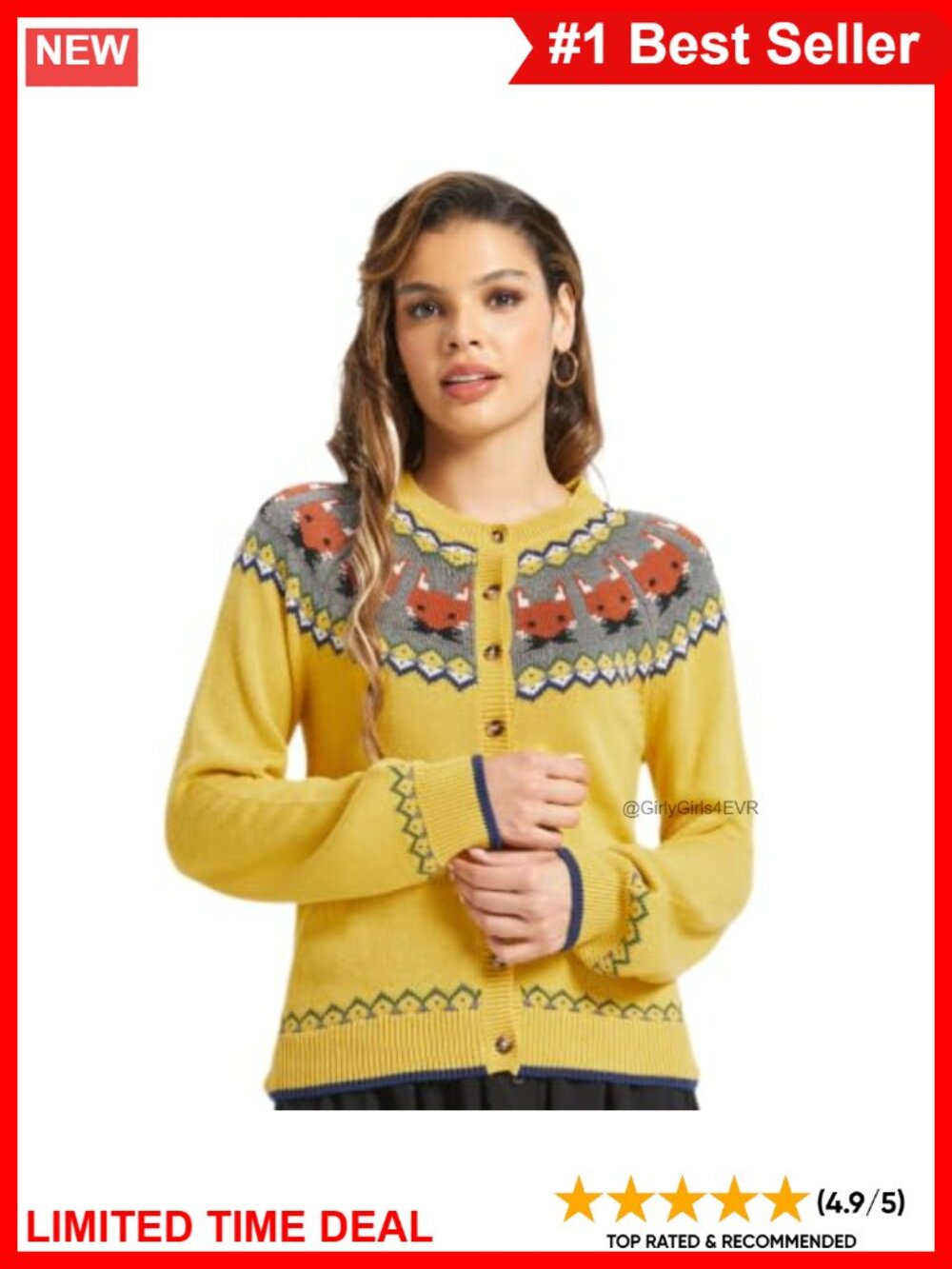 Knit Cardigan Sweater Fox Fair Isle Button Up Crew Neck Long Sleeve